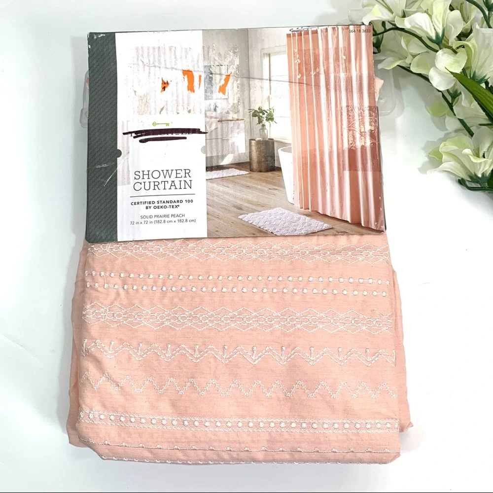 Threshold Peach / White Embroidery Shower Curtain